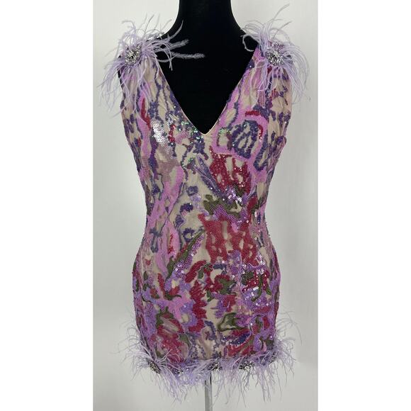NWT Bella Barnett Loviy Purple Feather Sequin Mini Dress Size XL Cocktail Vegas - Picture 3 of 16